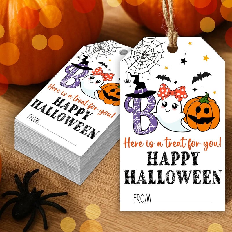 HandEasy 50 Pcs Halloween Tags with String, 2.1"×3.5" Boo Paper Gifts Tags, Ghost Trick or Treat for Candy, Pumpkin Happy Halloween Gifts Tag Wrap for Party Favor - B01 - Image 1